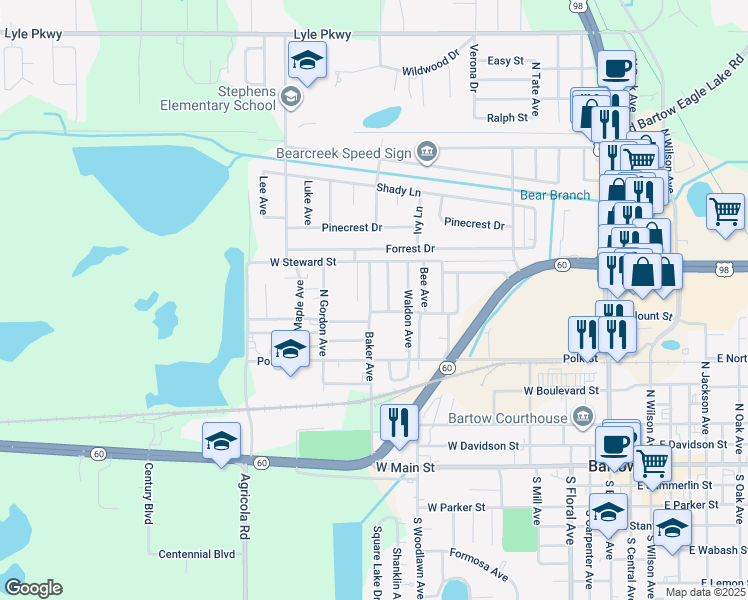 map of restaurants, bars, coffee shops, grocery stores, and more near 880 Baker Avenue in Bartow