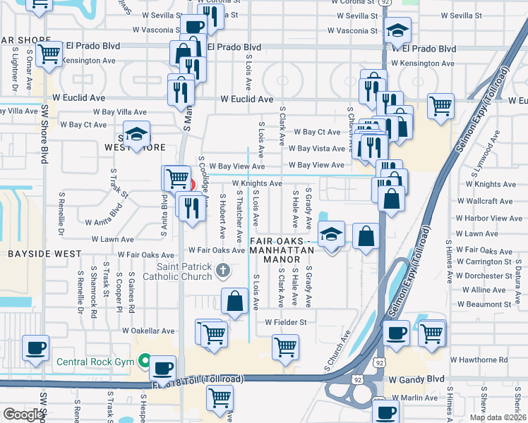map of restaurants, bars, coffee shops, grocery stores, and more near 4311 South Cameron Avenue in Tampa