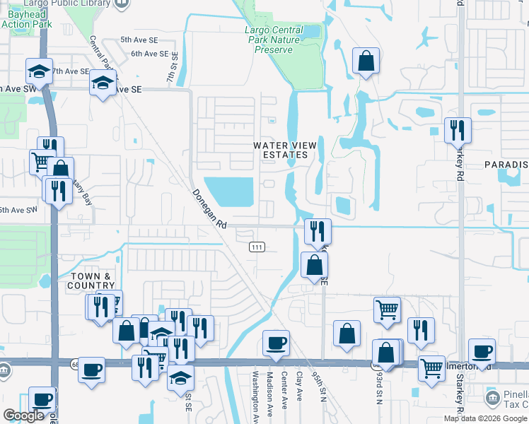 map of restaurants, bars, coffee shops, grocery stores, and more near 1511 12th Court Southeast in Largo