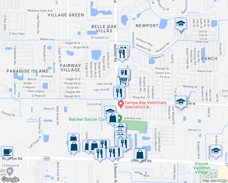map of restaurants, bars, coffee shops, grocery stores, and more near 1496 South Belcher Road in Largo