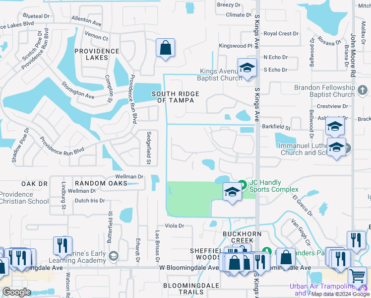 map of restaurants, bars, coffee shops, grocery stores, and more near 1010 Vista Cay Court in Brandon