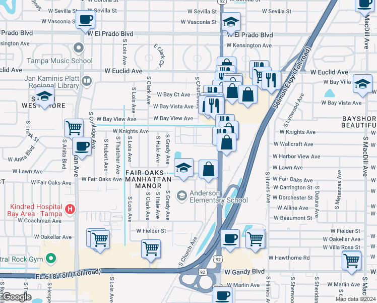 map of restaurants, bars, coffee shops, grocery stores, and more near 3817 North Oak Drive in Tampa