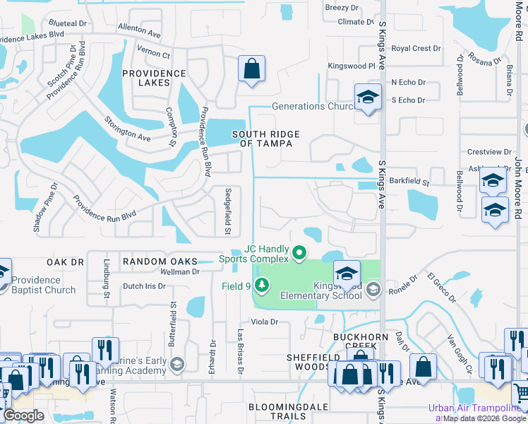 map of restaurants, bars, coffee shops, grocery stores, and more near 1024 Vista Cay Court in Brandon