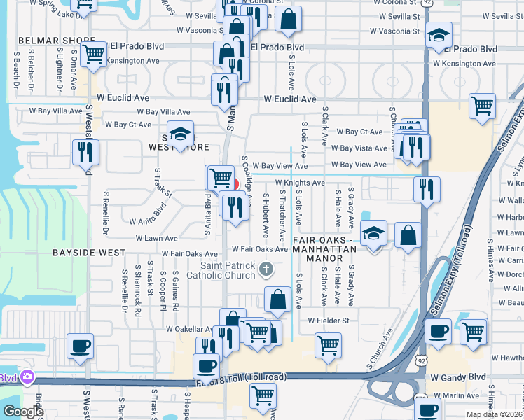 map of restaurants, bars, coffee shops, grocery stores, and more near 4312 South Coolidge Avenue in Tampa