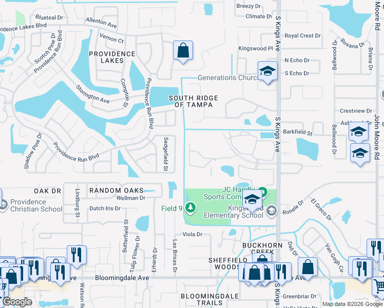 map of restaurants, bars, coffee shops, grocery stores, and more near 2733 Conch Hollow Drive in Brandon