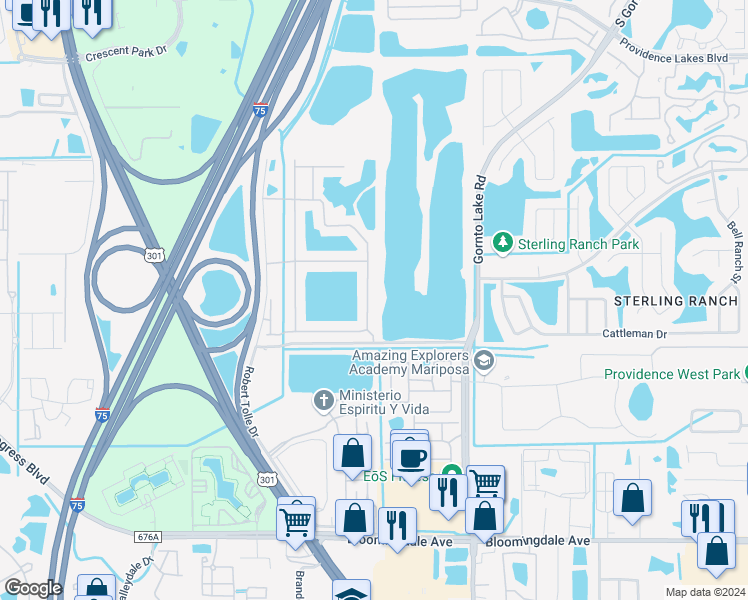 map of restaurants, bars, coffee shops, grocery stores, and more near 4852 Pond Ridge Drive in Riverview