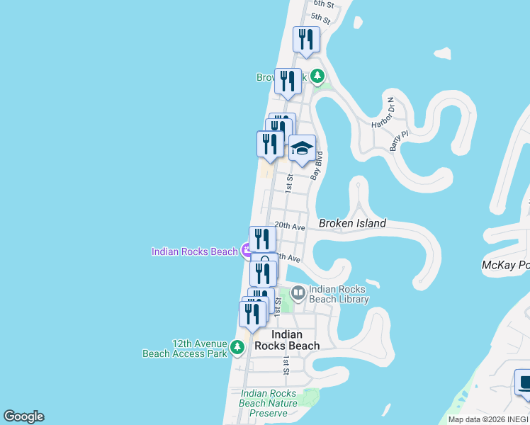 map of restaurants, bars, coffee shops, grocery stores, and more near 2 21st Avenue North in Indian Rocks Beach