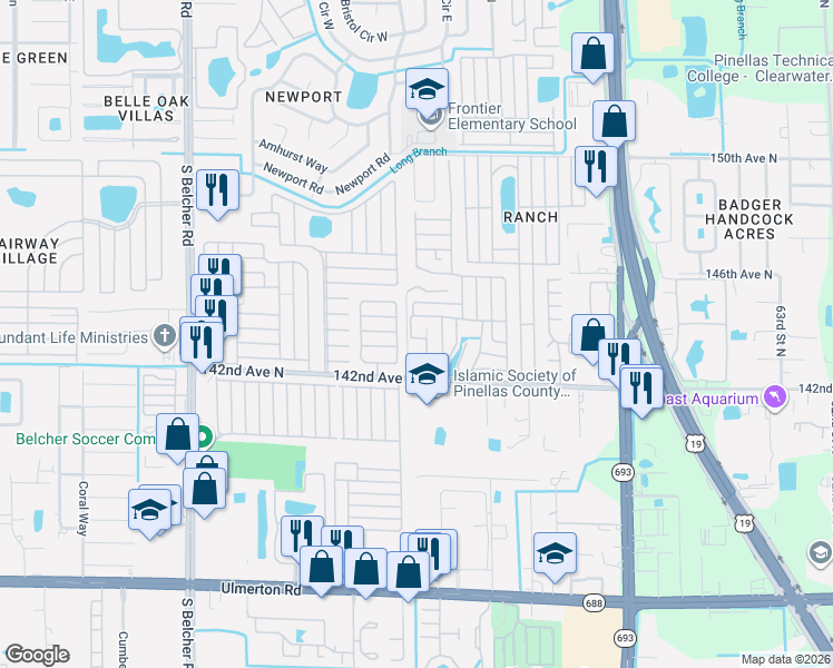 map of restaurants, bars, coffee shops, grocery stores, and more near Old Indian Trail in Clearwater