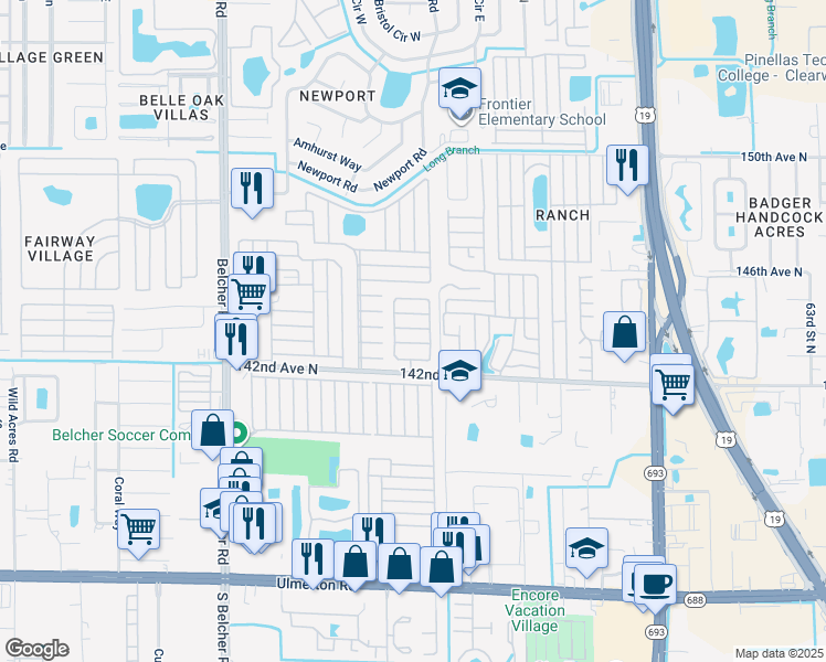 map of restaurants, bars, coffee shops, grocery stores, and more near 7501 142nd Avenue North in Largo