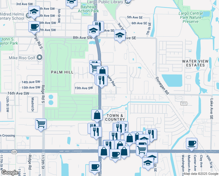 map of restaurants, bars, coffee shops, grocery stores, and more near 200 16th Avenue Southeast in Largo