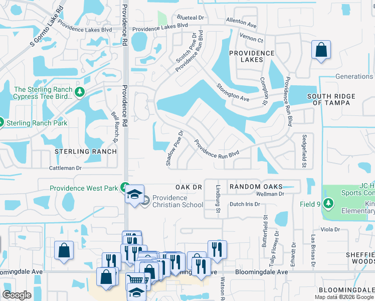 map of restaurants, bars, coffee shops, grocery stores, and more near 2004 Green Juniper Lane in Brandon