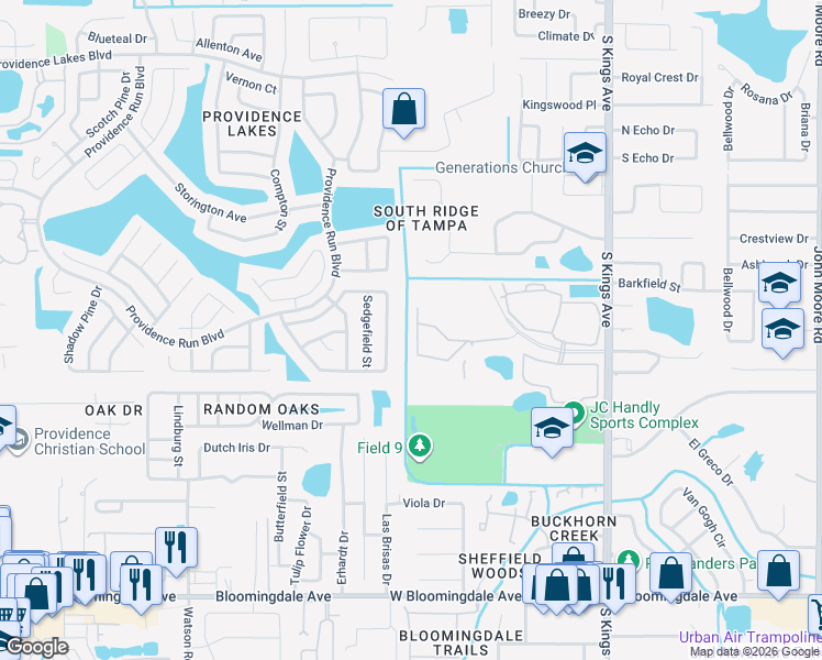 map of restaurants, bars, coffee shops, grocery stores, and more near 1626 Wakefield Drive in Brandon
