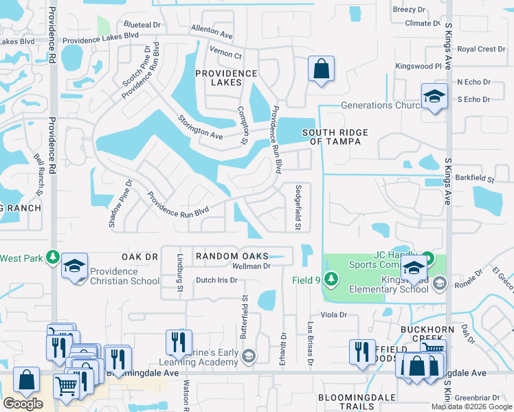 map of restaurants, bars, coffee shops, grocery stores, and more near 1402 Wakefield Drive in Brandon