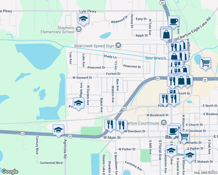map of restaurants, bars, coffee shops, grocery stores, and more near 910 Waldon Avenue in Bartow