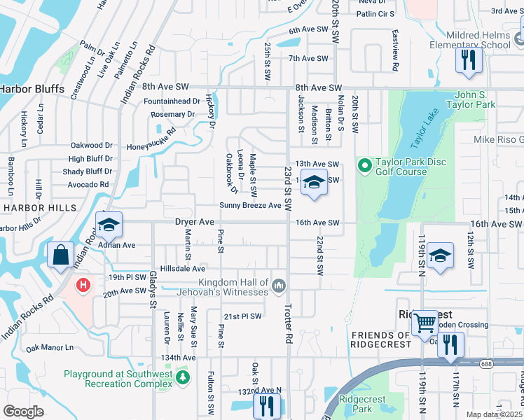 map of restaurants, bars, coffee shops, grocery stores, and more near 2560 Sunny Breeze Avenue in Largo