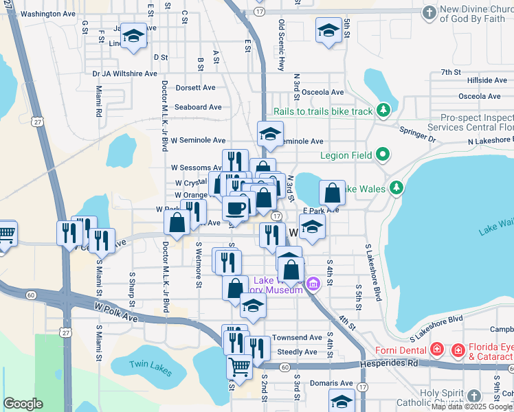 map of restaurants, bars, coffee shops, grocery stores, and more near 205 East Park Avenue in Lake Wales