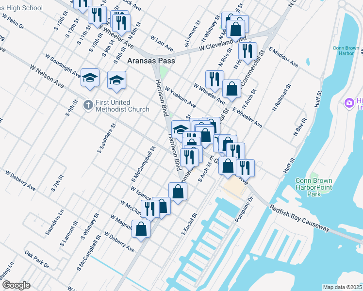 map of restaurants, bars, coffee shops, grocery stores, and more near 244 Harrison Boulevard in Aransas Pass