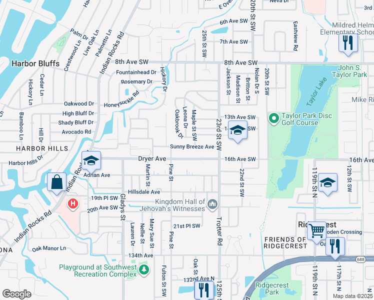 map of restaurants, bars, coffee shops, grocery stores, and more near 2682 Sunny Breeze Avenue in Largo