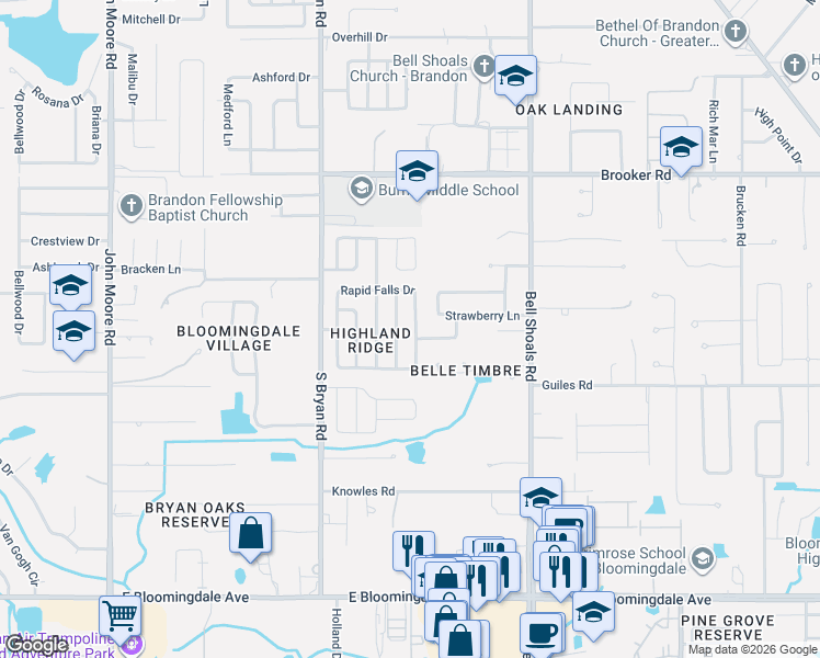 map of restaurants, bars, coffee shops, grocery stores, and more near 622 Rapid Falls Drive in Brandon