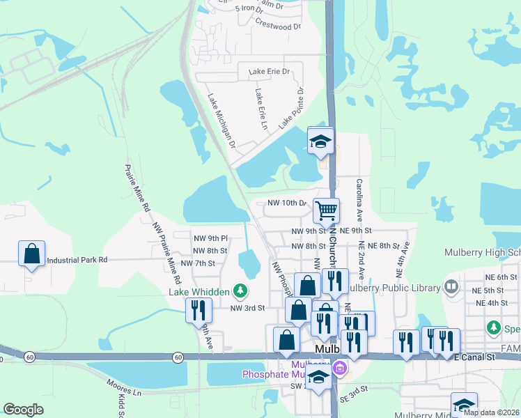 map of restaurants, bars, coffee shops, grocery stores, and more near 153 NW 10th Dr in Mulberry