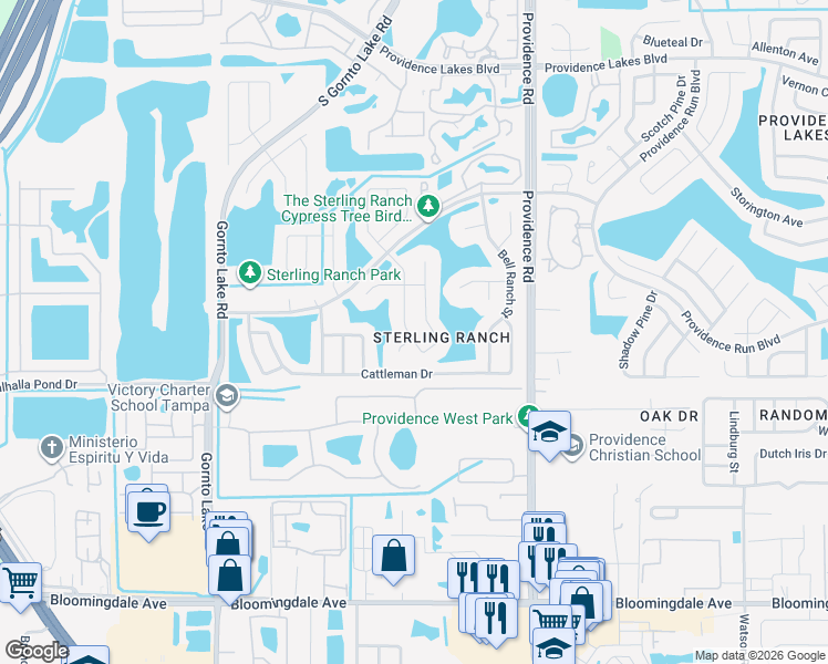 map of restaurants, bars, coffee shops, grocery stores, and more near 1916 Elk Spring Drive in Brandon