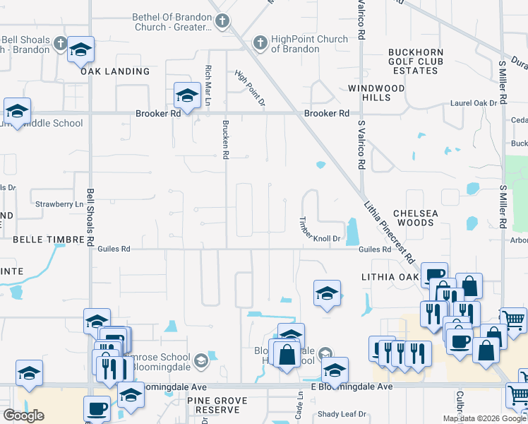 map of restaurants, bars, coffee shops, grocery stores, and more near 2820 Rolling Acres Place in Valrico