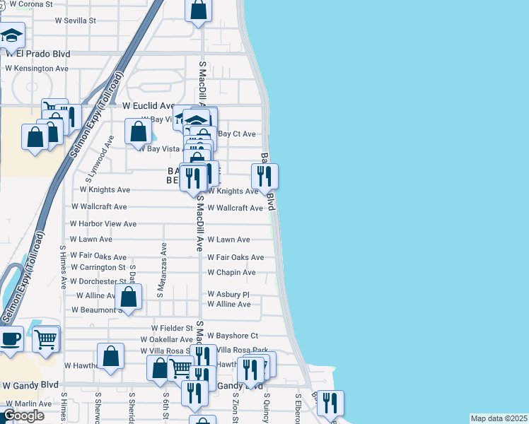 map of restaurants, bars, coffee shops, grocery stores, and more near 4301 Bayshore Boulevard in Tampa