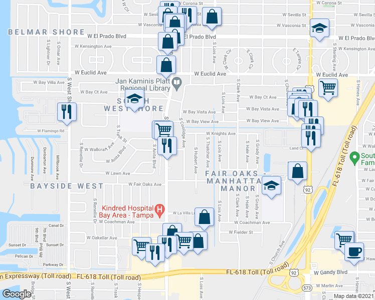 map of restaurants, bars, coffee shops, grocery stores, and more near 4312 South Coolidge Avenue in Tampa