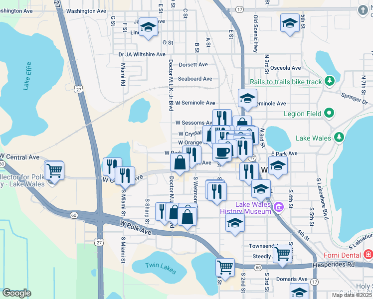 map of restaurants, bars, coffee shops, grocery stores, and more near 114 West Park Avenue in Lake Wales