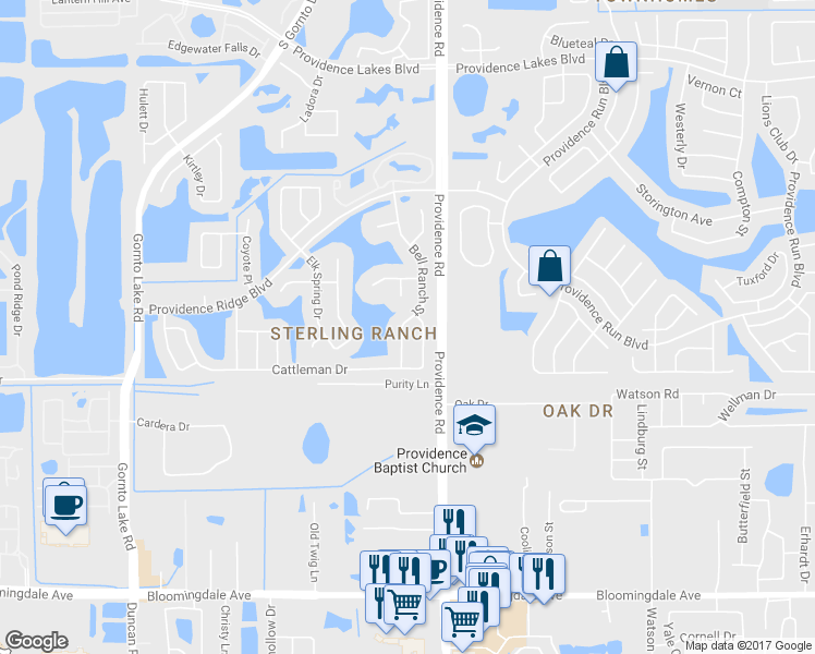 map of restaurants, bars, coffee shops, grocery stores, and more near 2010 Bell Ranch Street in Brandon
