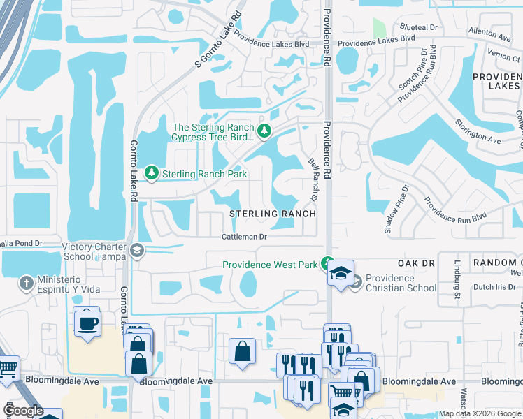 map of restaurants, bars, coffee shops, grocery stores, and more near 1916 Elk Spring Drive in Brandon