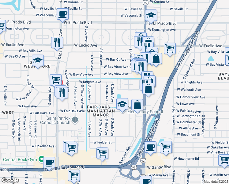 map of restaurants, bars, coffee shops, grocery stores, and more near 4312 South Grady Avenue in Tampa