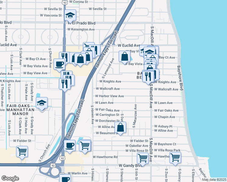 map of restaurants, bars, coffee shops, grocery stores, and more near 3310 West Wallcraft Avenue in Tampa