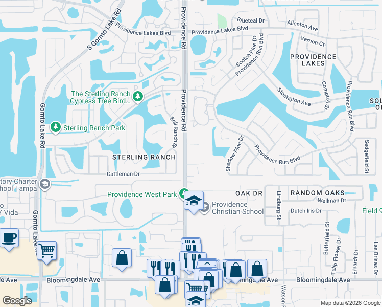 map of restaurants, bars, coffee shops, grocery stores, and more near 1926 Providence Road in Brandon