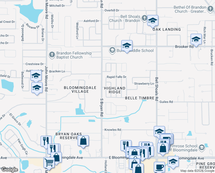 map of restaurants, bars, coffee shops, grocery stores, and more near 528 Rapid Falls Drive in Brandon