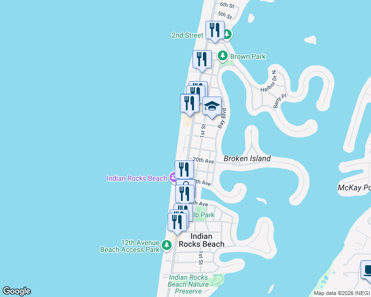map of restaurants, bars, coffee shops, grocery stores, and more near 2 21st Avenue North in Indian Rocks Beach