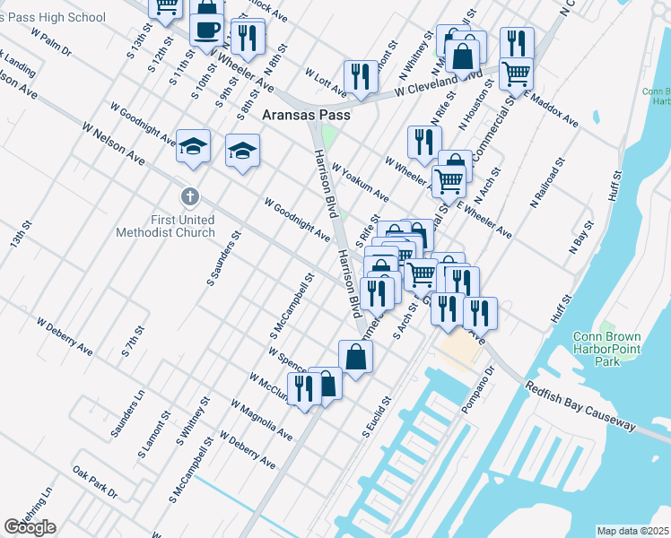 map of restaurants, bars, coffee shops, grocery stores, and more near 448 South Rife Street in Aransas Pass