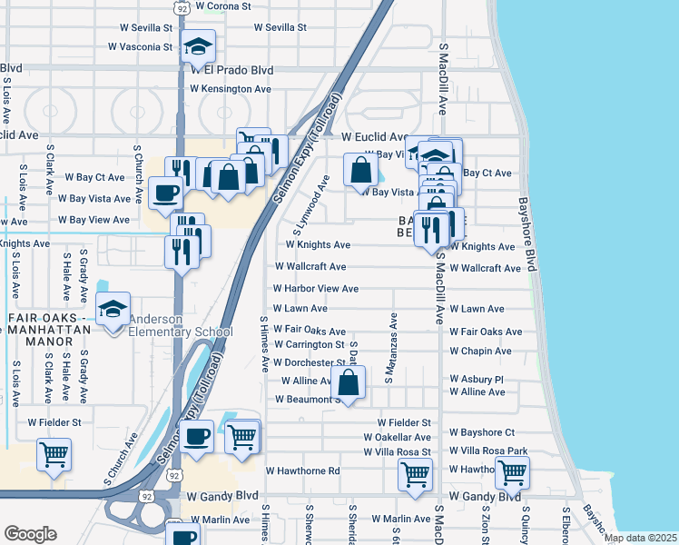 map of restaurants, bars, coffee shops, grocery stores, and more near 3310 West Wallcraft Avenue in Tampa