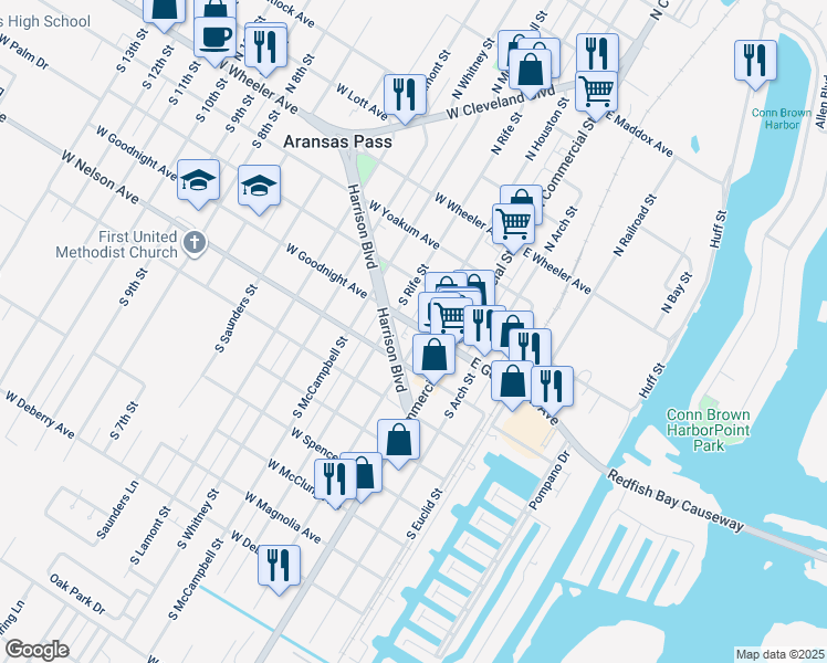 map of restaurants, bars, coffee shops, grocery stores, and more near 402 South Houston Street in Aransas Pass