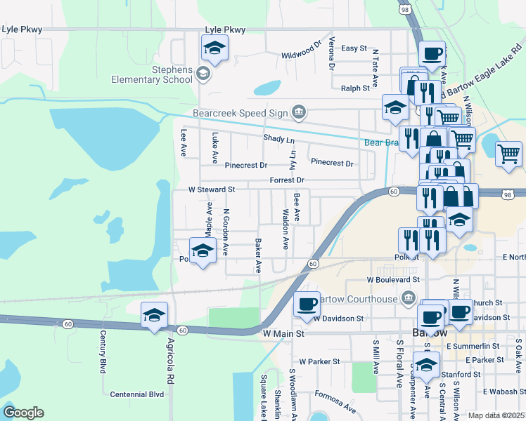 map of restaurants, bars, coffee shops, grocery stores, and more near 934 Baker Ave in Bartow