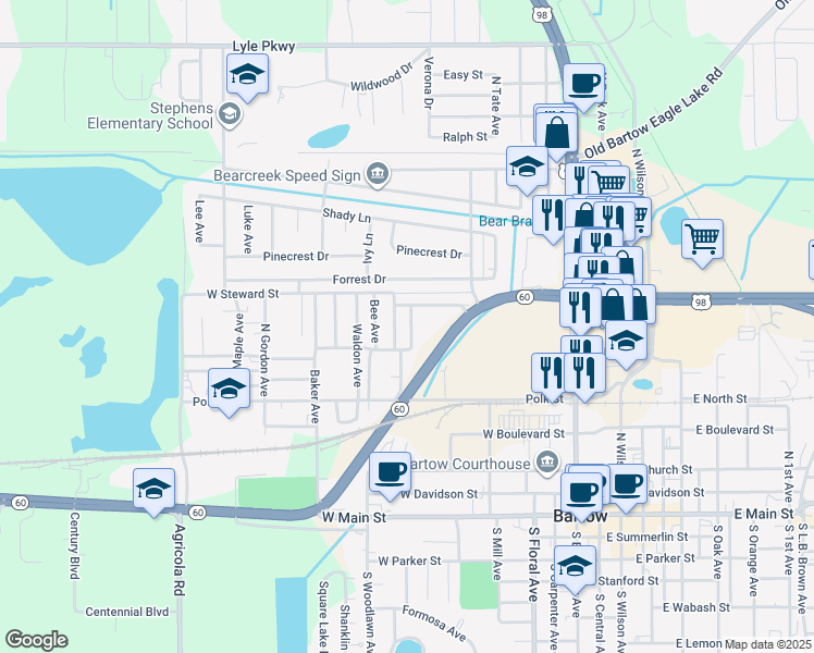 map of restaurants, bars, coffee shops, grocery stores, and more near 895 Childs Avenue in Bartow