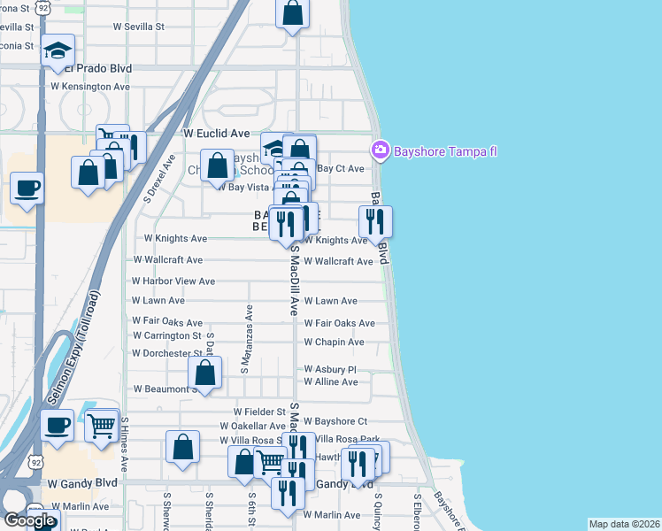 map of restaurants, bars, coffee shops, grocery stores, and more near 2928 West Wallcraft Avenue in Tampa