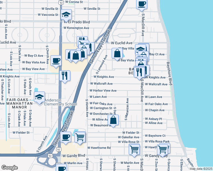 map of restaurants, bars, coffee shops, grocery stores, and more near 3310 West Wallcraft Avenue in Tampa