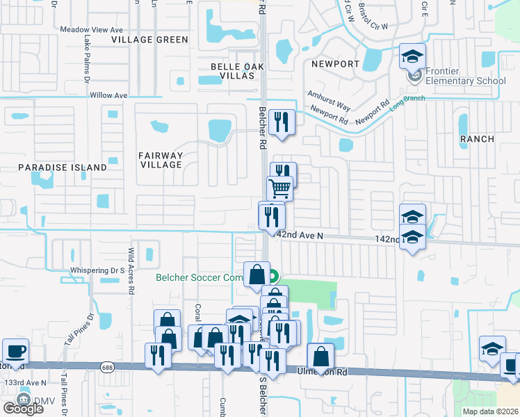 map of restaurants, bars, coffee shops, grocery stores, and more near 1448 South Belcher Road in Largo