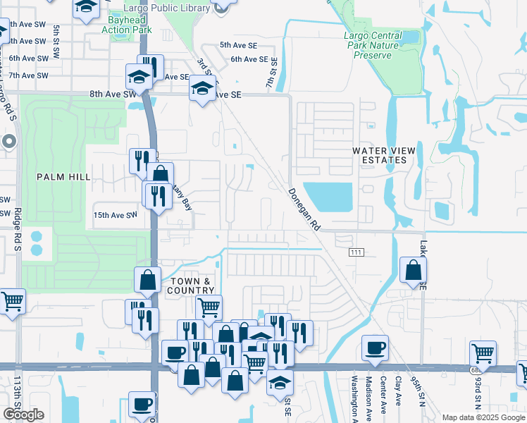 map of restaurants, bars, coffee shops, grocery stores, and more near 601 16th Avenue Southeast in Largo
