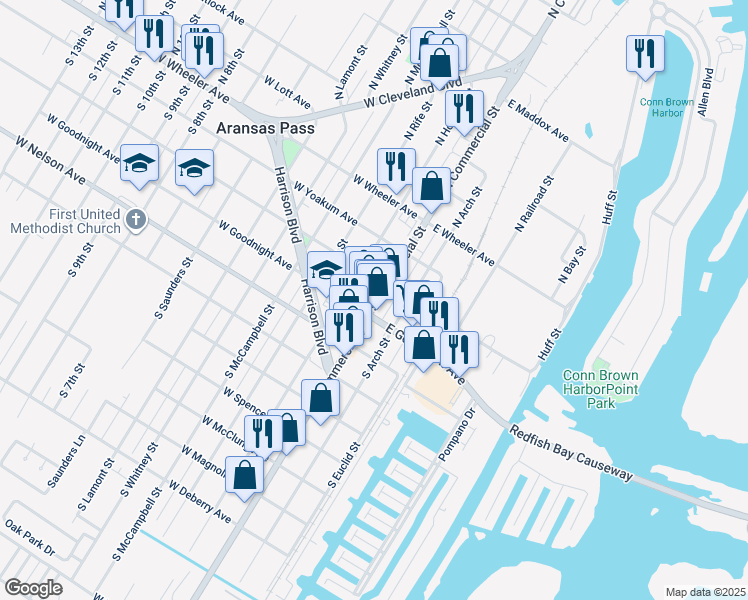 map of restaurants, bars, coffee shops, grocery stores, and more near 340 South Commercial Street in Aransas Pass