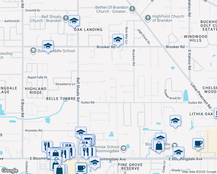 map of restaurants, bars, coffee shops, grocery stores, and more near 1302 Steeple Hill Court in Brandon