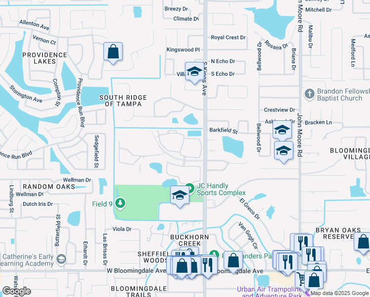 map of restaurants, bars, coffee shops, grocery stores, and more near 912 Milano Circle in Brandon
