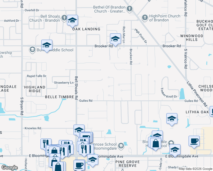 map of restaurants, bars, coffee shops, grocery stores, and more near 1302 Steeple Hill Court in Brandon