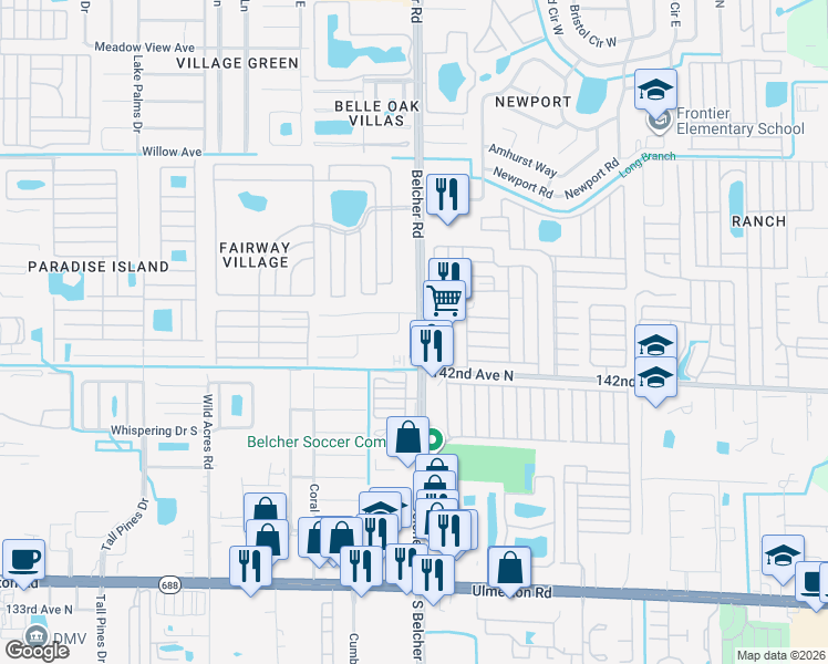 map of restaurants, bars, coffee shops, grocery stores, and more near 1448 South Belcher Road in Largo